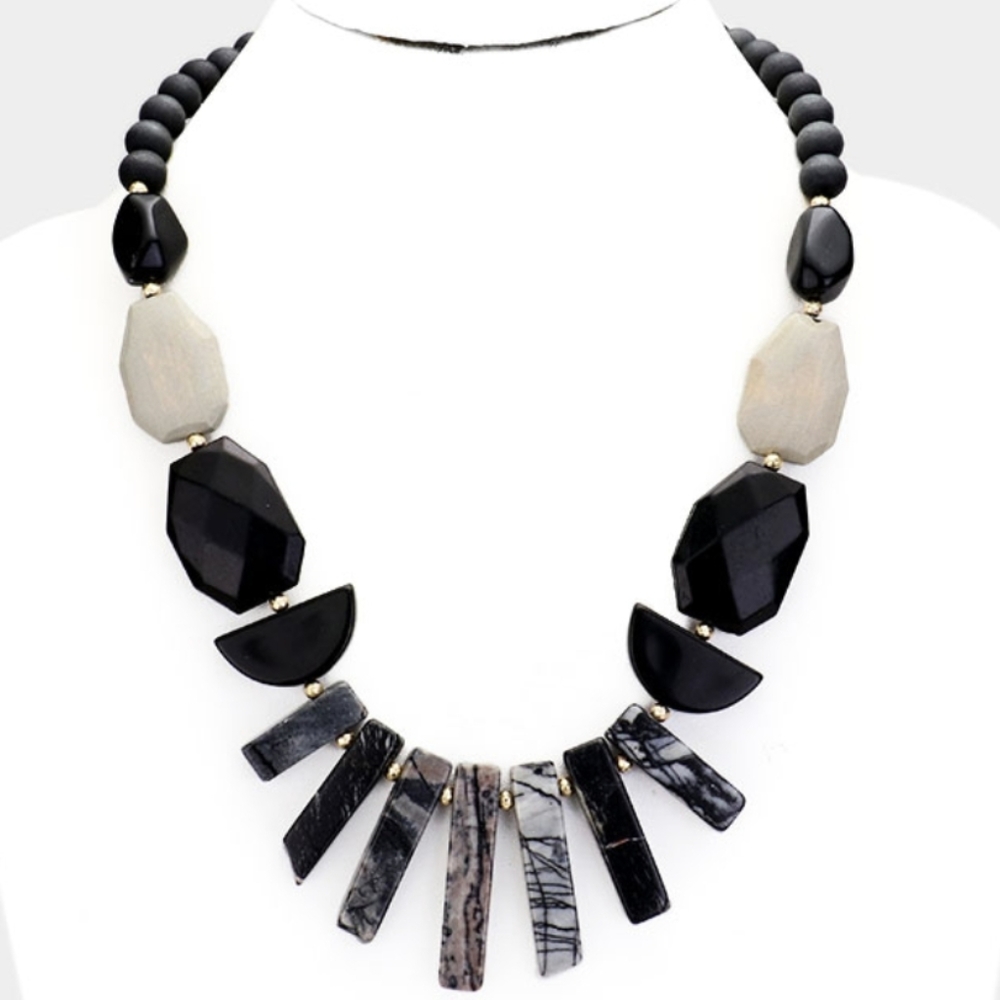 Semi Precious Stone & Wood Bead Statement Necklace